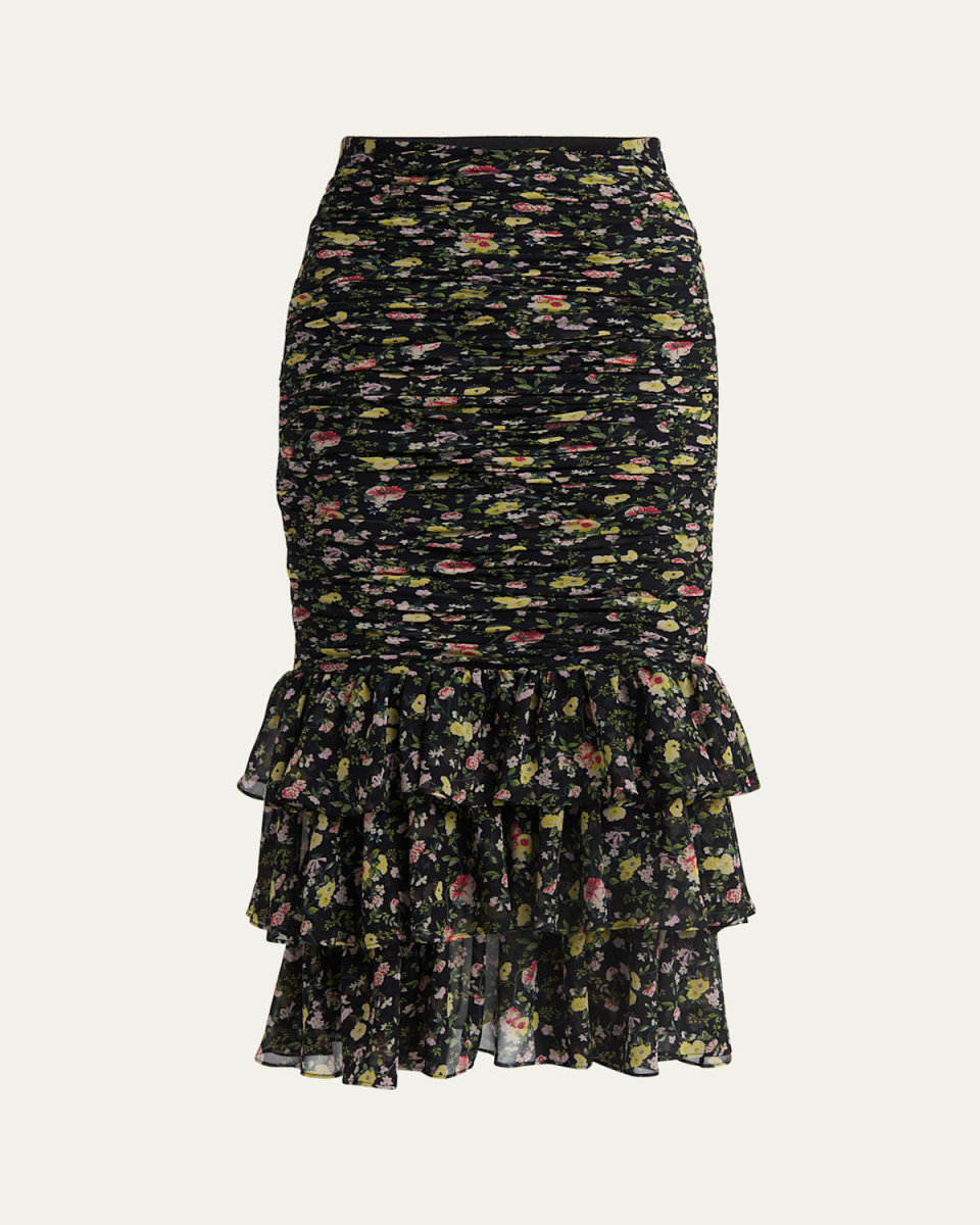 Ruched Flower Print Midi Skirt With Ruffle Hem